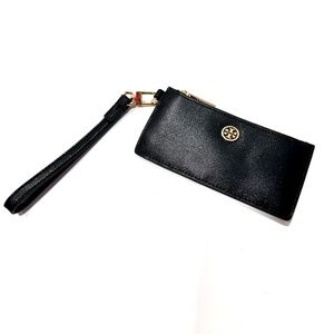 Tory Burch Black Leather Zip-Top Coin Card Wallet Logo with Wristlet Loop